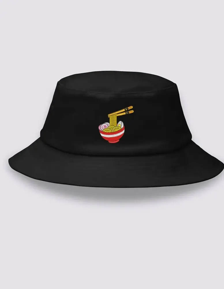 Black bucket hat with an embroidered ramen bowl