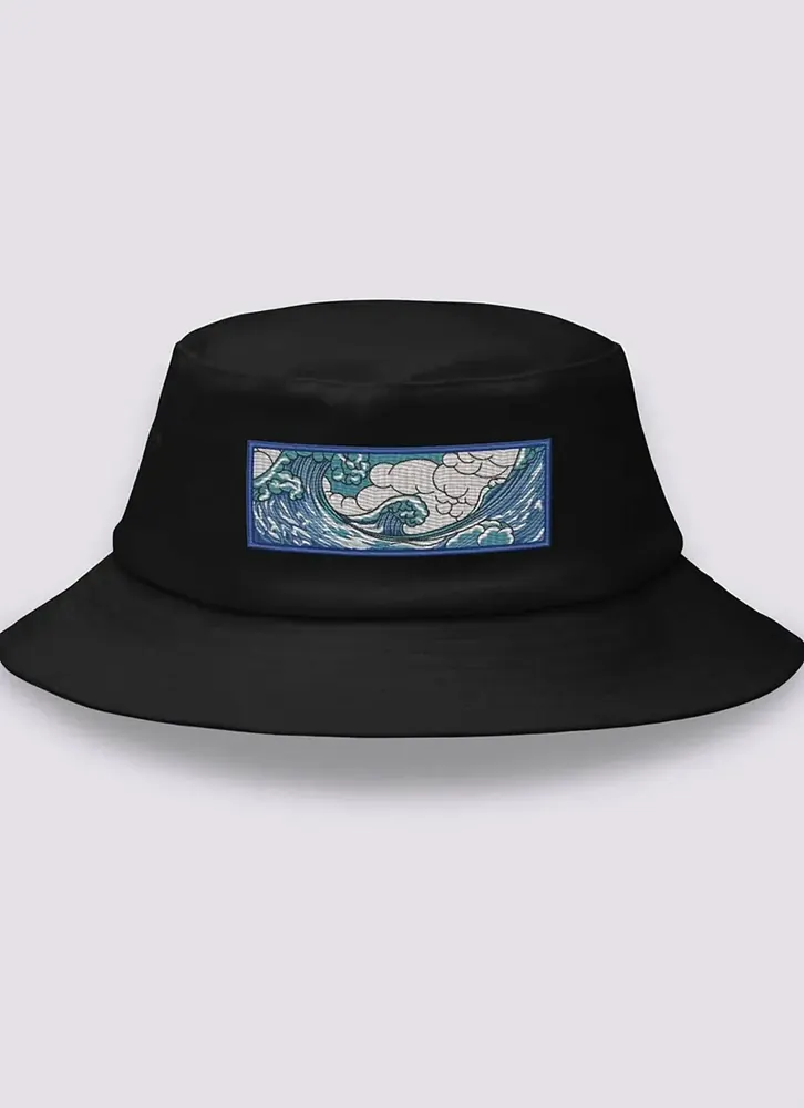 Black bucket hat with an embroidered Great Wave patch