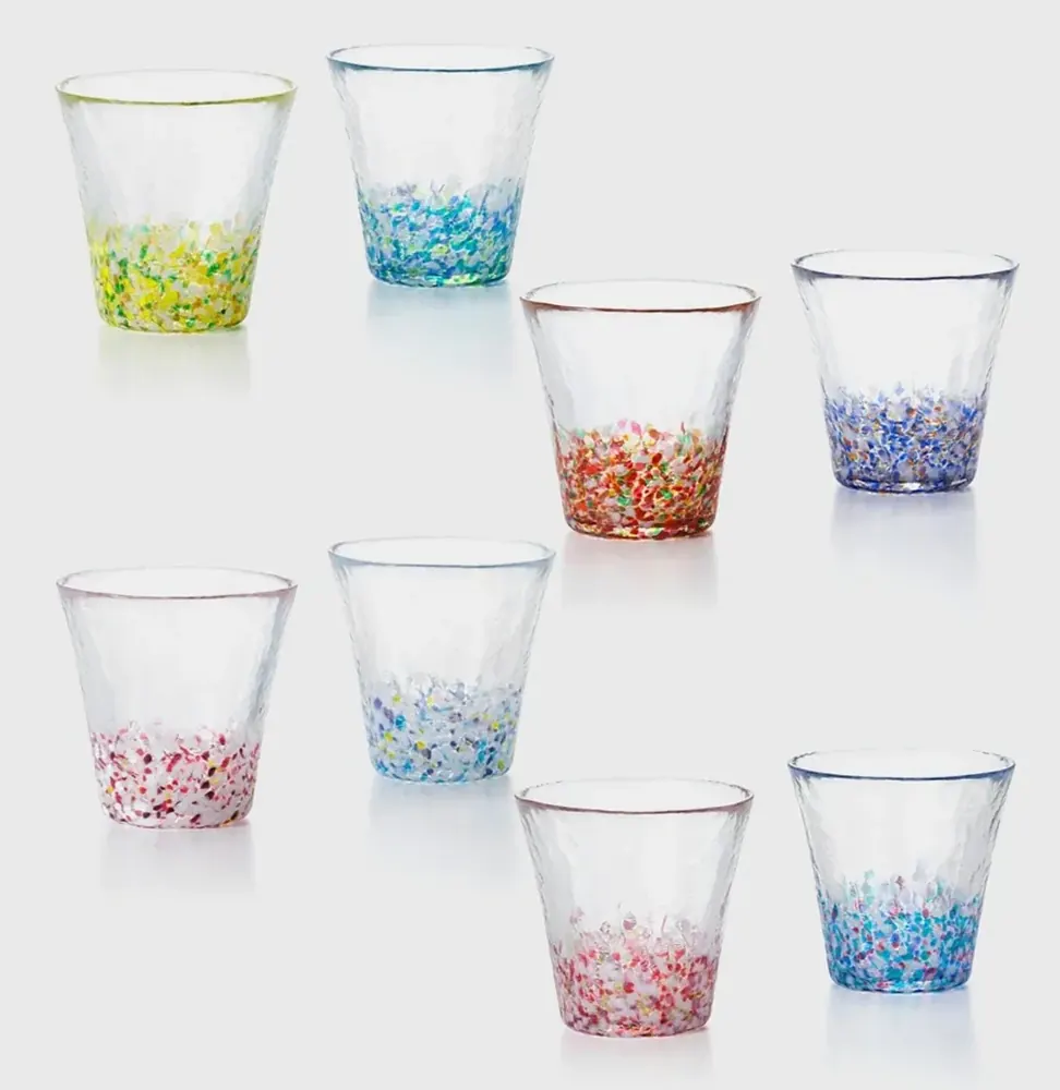 Set of speckled Tsugaru vidro glasses in pink, green, blue and orange