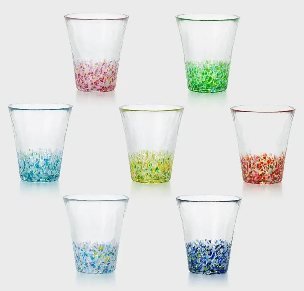 Seven Tsugaru vidro tumblers with speckled colour bases