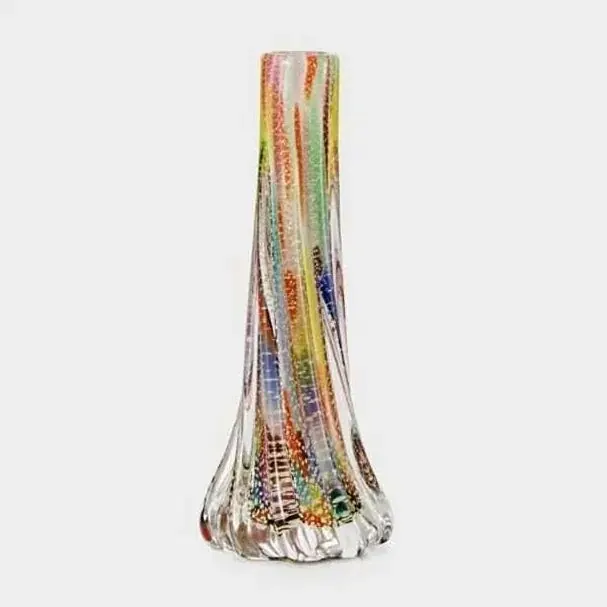 Tall slender vase with twisting multicoloured stripes