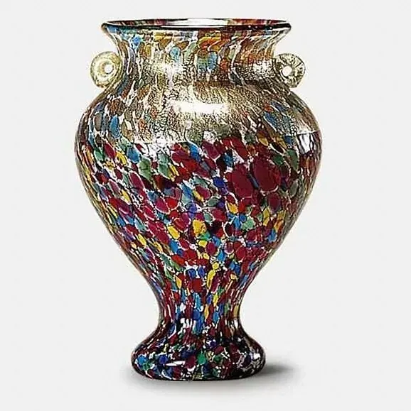 Medium vase with two handles and red, blue and gold speckled glass