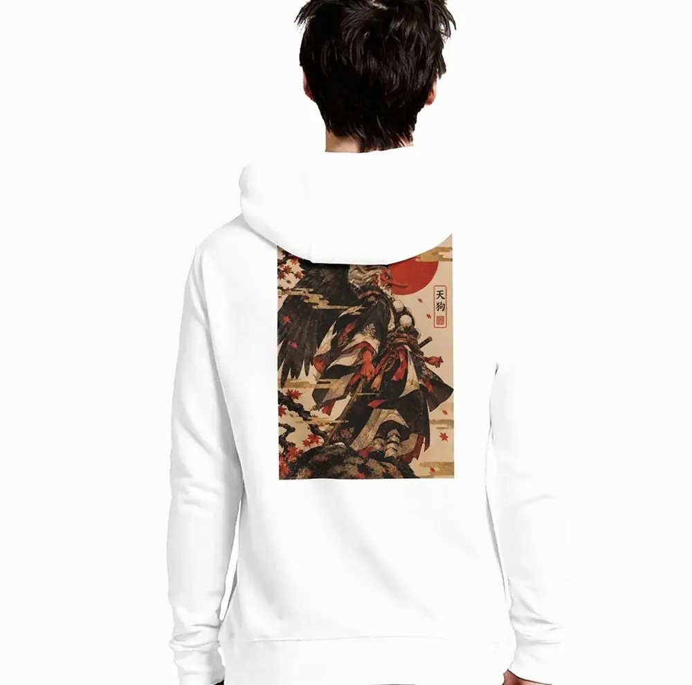 White hoodie seen from behind with a yokai illustration print