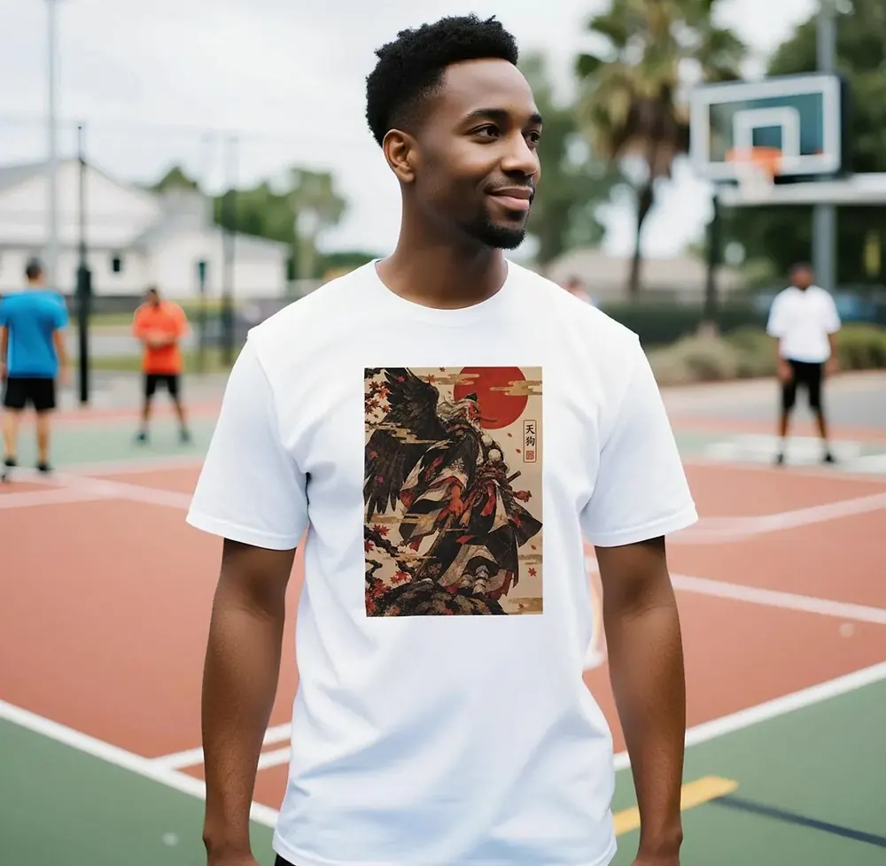 Man in a white T-shirt with a red-sun yokai print on a basketball court